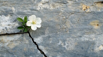 A single white flower blooms from a crack in a gray stone wall.