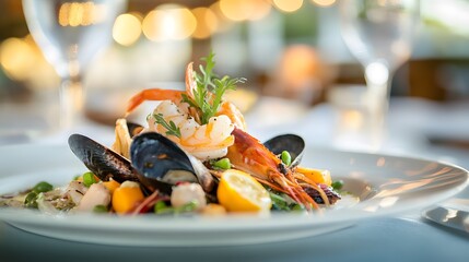 A beautifully plated summer dish with fresh seafood and seasonal ingredients displayed in an elegant fine dining restaurant