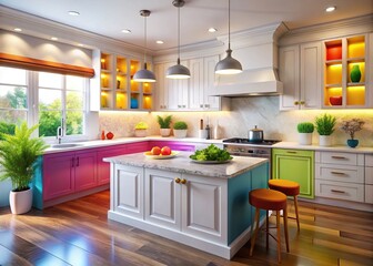 Fototapeta premium Bright Kitchen with White Cabinets and Marble Countertops - Colorful Interior Design Inspiration