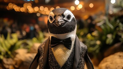Naklejka premium A dapper penguin waddling down the runway in a classic tuxedo, complete with a bow tie, capturing the audience's attention with its formal elegance