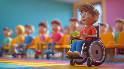 A 3D cartoon person in a wheelchair giving a presentation to a diverse audience during an awareness event 3D cartoon