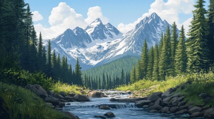 A Serene Stream Flows Through a Forest With Snowy Mountains in the Distance