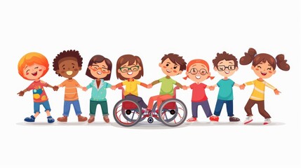 Fototapeta premium Cartoon illustration of a group of people with different disabilities holding hands in a circle on an isolated white background
