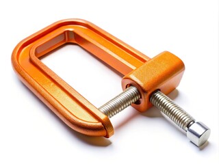 Closeup of Orange Metal Clamp for Construction and Mechanical Work on White Background