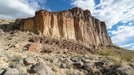 Fototapeta premium A towering rock formation with striated walls rises against a blue sky with white clouds.
