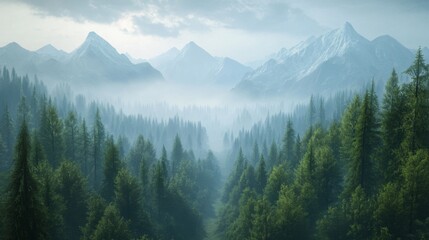 Obraz premium A Foggy Forest Valley Surrounded by Mountain Peaks