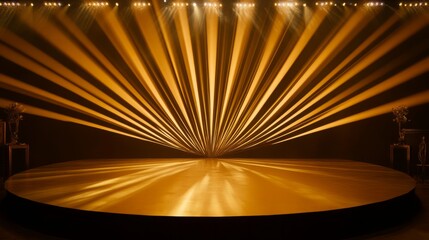 Obraz premium Golden Abstract Sunburst Stage Design Featuring an Illuminated Round Platform with Dramatic Lighting and a Luxury Golden Backdrop, Perfect for Prestigious Events and Elegant Presentations.