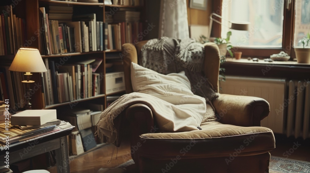 Wall mural Cozy Reading Nook with Books and Soft Textiles