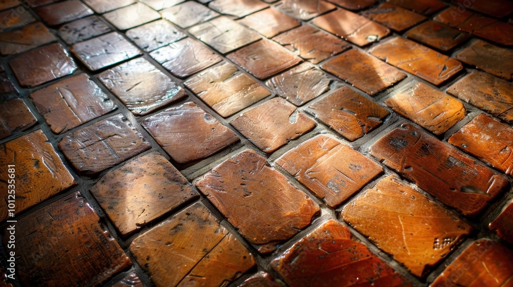 Poster warm rustic floor with textured tiles and soft lighting