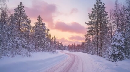 Snowy Road at Sunset in a Forest