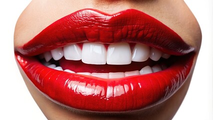 Obraz premium Glossy Red Lips with White Teeth Isolated on Transparent Background for Beauty and Cosmetic Projects