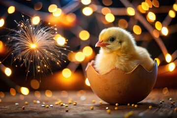 Happy New Year 2017: Yellow Chick Hatching from Egg in Night Photography