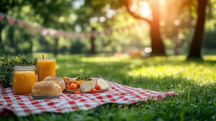 A cartoon family at a Veterans Day picnic, enjoying the afternoon together with flags and banners visible in the background, creating a festive mood