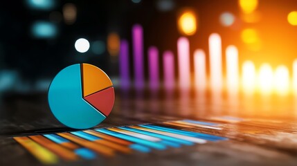 Colorful pie chart and data visualization on a wooden desk, showcasing modern analytics in business.