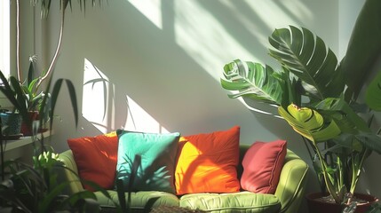 Cozy Green Sofa Surrounded by Indoor Plants