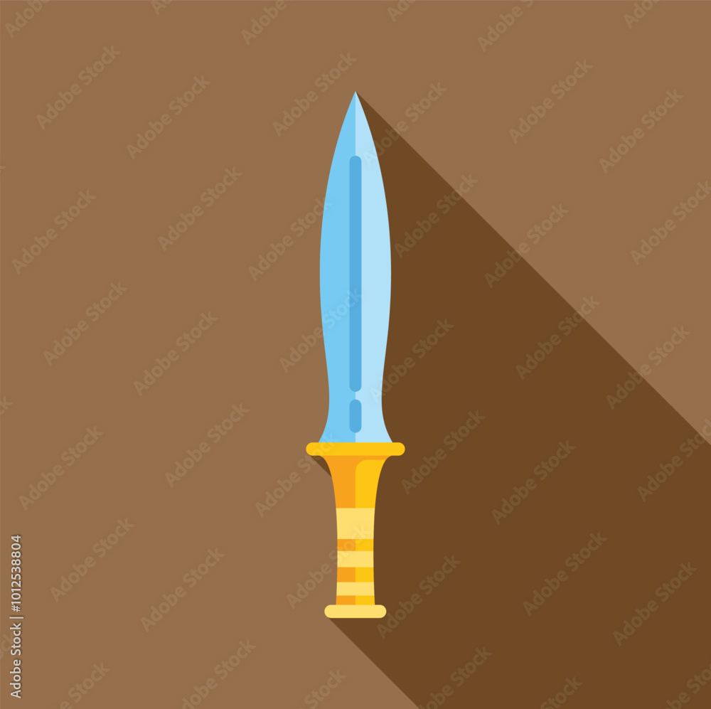 Poster sharp metal dagger with a golden hilt is pointing upwards on a brown background with a shadow
