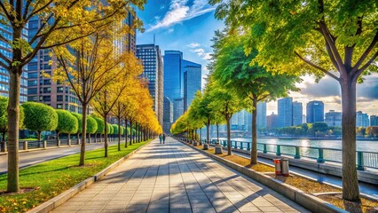 Obraz premium Modern City Embankment with Lush Trees and Sidewalk Perspective