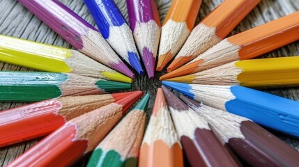Fototapeta premium Colorful Pencils Arranged in Circle on Wooden Surface