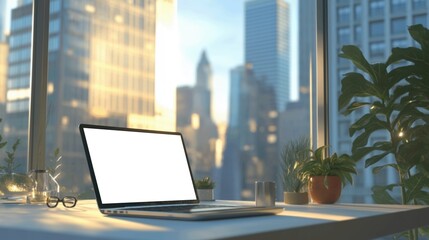 Mockup of modern laptop in office, buildings in background, AI-generative