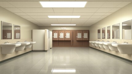 Empty Public Bathroom with Multiple Sinks and Mirrors