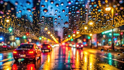 Nighttime Urban Scene with Water Drops on Windshield and Bokeh City Lights