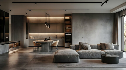 Modern Interior Design with Concrete Walls and Grey Sofa - 3d Illustration