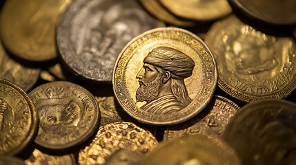 Close-Up of Ancient Gold Coins with Intricate Designs