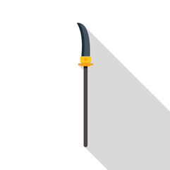 Kama weapon with golden hilt casting a shadow, isolated on a white background