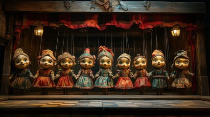 A wide view of a puppet show, where the marionettes are being controlled by large, invisible hands, the checkered floor beneath them symbolizing their confinement 