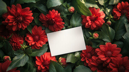Obraz premium top view of red flowers for background with blank white postcard for text