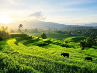 Terraced Rice Fields with Livestock at Sunrise