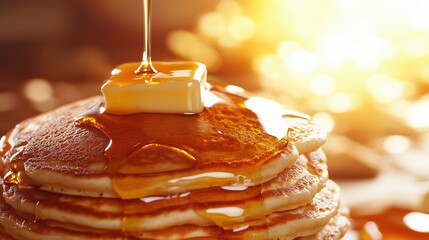 Close-up of syrup cascading over a tower of freshly made pancakes, highlighting their light, fluffy texture and mouthwatering appearance.