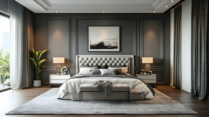 Modern Bedroom Interior Design with Grey Walls and White Bedding - 3D Illustration