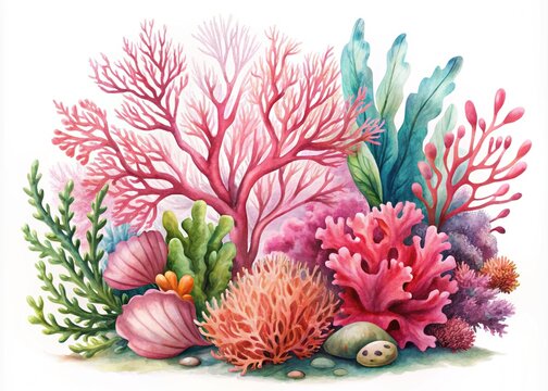 Surreal Sea Plants and Coral Watercolor Illustration for Marine Collection Packaging