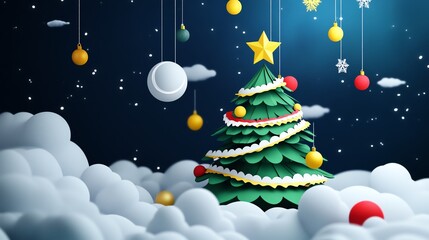 Festive Christmas tree with colorful ornaments against a starry background.