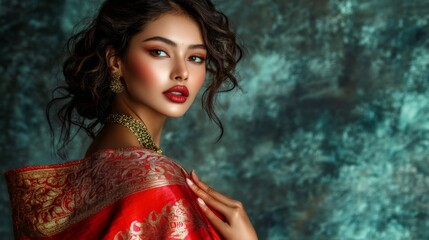 Fototapeta premium Portrait of a Woman in Red Sari with Gold Jewelry
