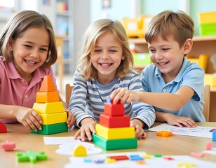 Fototapeta premium Group of Children Joyfully Playing with Educational Toys in Bright and Colorful Classroom Learning Shapes and Numbers