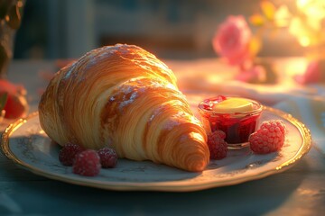 Delicious Artisanal Croissant with Butter and Jam Placed on a White Plate, Surrounded by Raspberries and a Romantic Ambiance, Perfect for a French Breakfast or Afternoon Tea