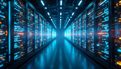 Obraz premium Futuristic Data Center Server Racks Network Technology, Innovation Digital Computing Infrastructure