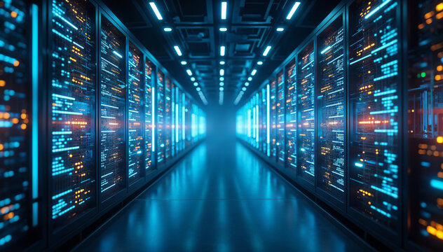 Futuristic Data Center Server Racks Network Technology, Innovation Digital Computing Infrastructure