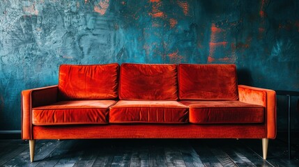 Modern Orange Couch Against Textured Blue Wall