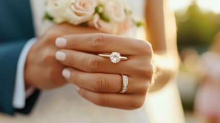 The bride's hand gracefully holds a bouquet, showcasing her elegant diamond ring, reflecting a perfect blend of romance and sophistication on a beautiful wedding day.