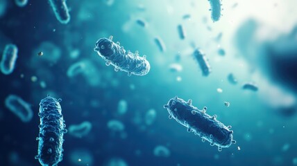 A blue background with a few bacteria floating in the air, with some cells moving around inside them. 