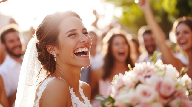 A joyous bride radiates happiness with a wide, vibrant smile as she stands among a crowd, holding a beautiful bouquet of flowers, capturing an unforgettable wedding moment.