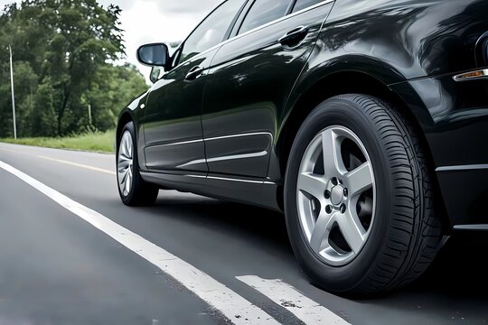A black car is parked on the side of the road, with no visible occupants