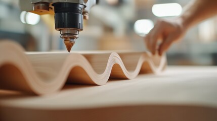 A CNC machine in action as it meticulously carves wave-like patterns into wood, illustrating the blend of traditional woodworking with modern technology.