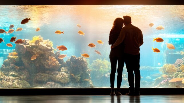 A couple stands close together as they admire colorful fishes swimming in a large, illuminated aquarium, suggesting wonder, exploration, and shared experiences.