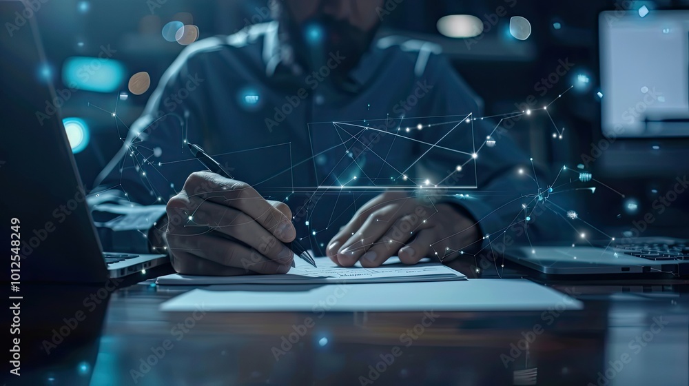 Aufkleber man writing in a notebook with digital connections
