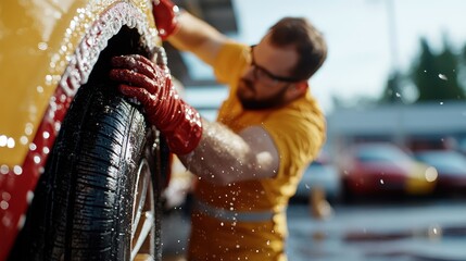 A man uses a water hose to wash a car tire, showcasing the meticulous effort and enthusiasm for keeping vehicles clean and well-maintained in an outdoor setting.