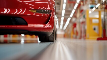 Naklejka premium A red car moves along a modern production line, surrounded by bright lights and machinery, showcasing efficiency in contemporary automotive manufacturing.